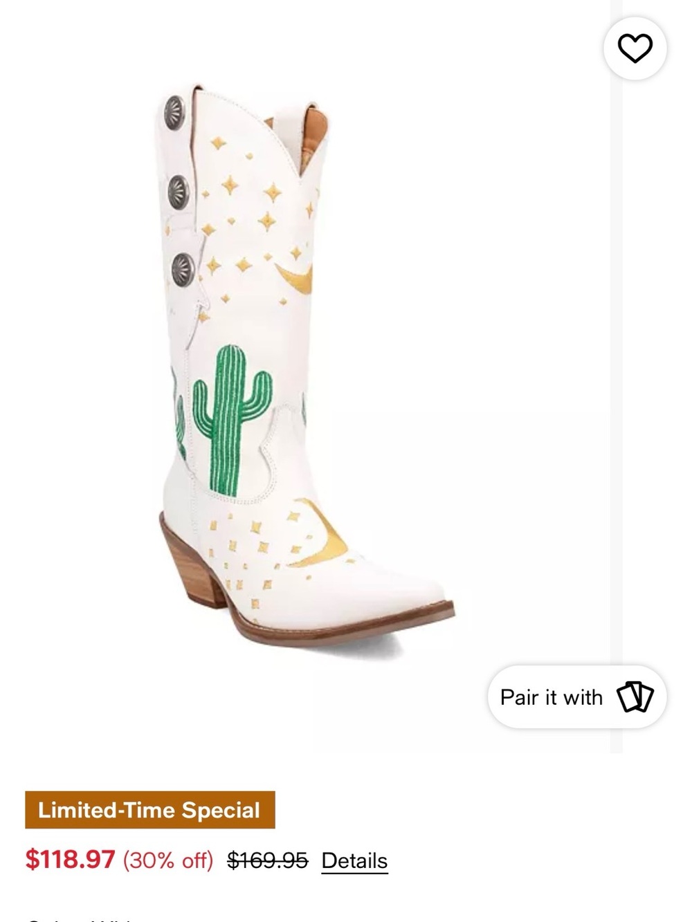 dingo White Western Boots with Green Cactus & Gold Accents - Picture 5 of 11